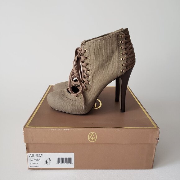 ASH Size 37.5 (US 7) Khaki Side Zipper Lace Up Ankle Boot Heels With Box - Picture 6 of 13